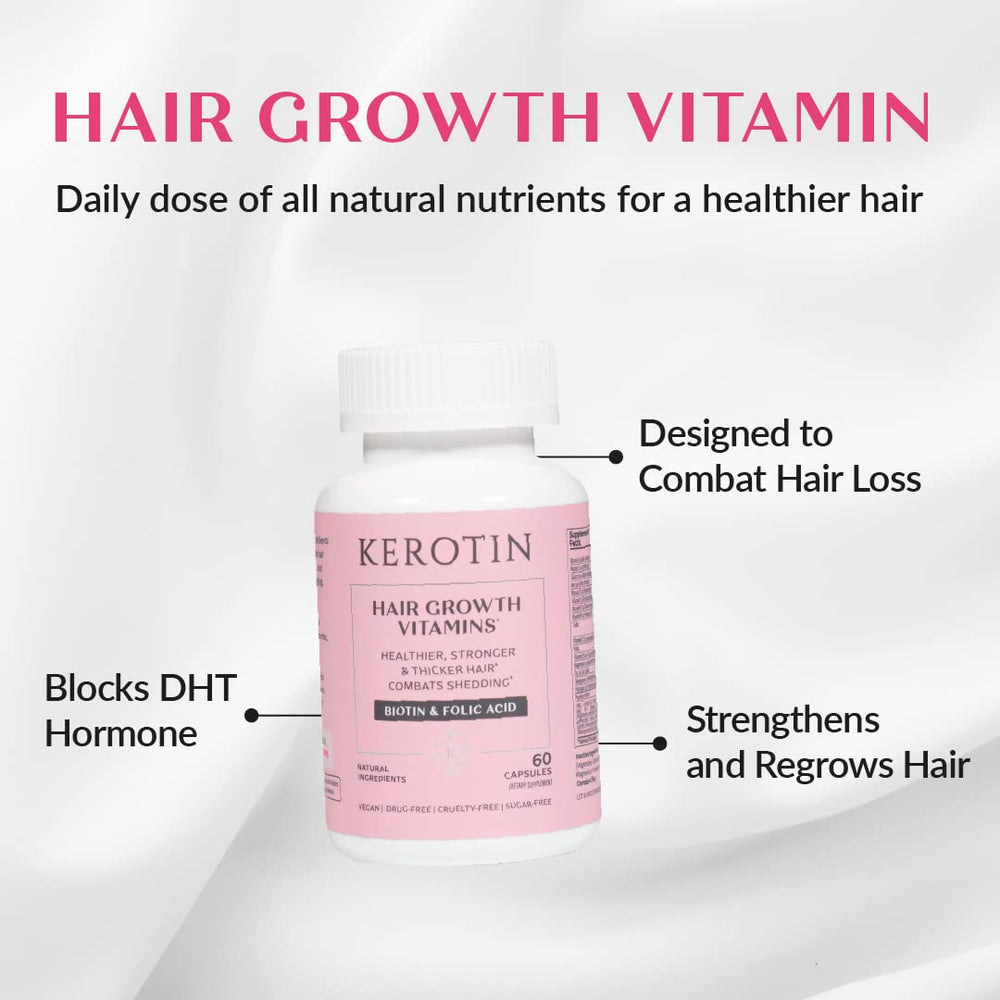 Close-up of Kerotin hair growth vitamins capsules
