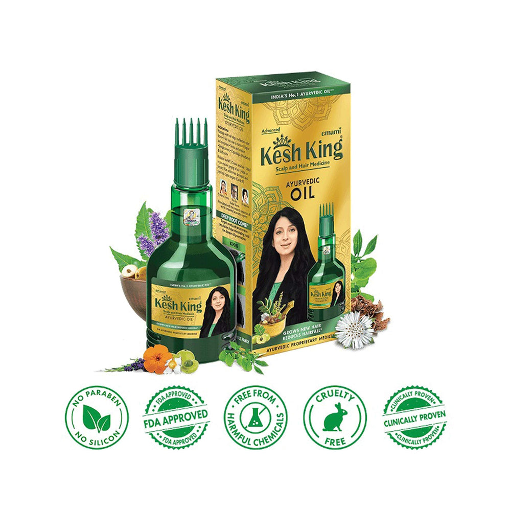 Kesh King herbal oil bottle with 21 Ayurvedic herbs