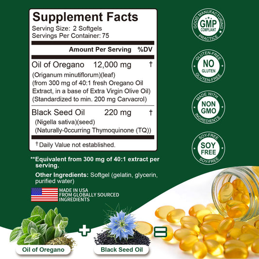 Nutritional label on Keszciy oregano oil and black seed oil softgels bottle back