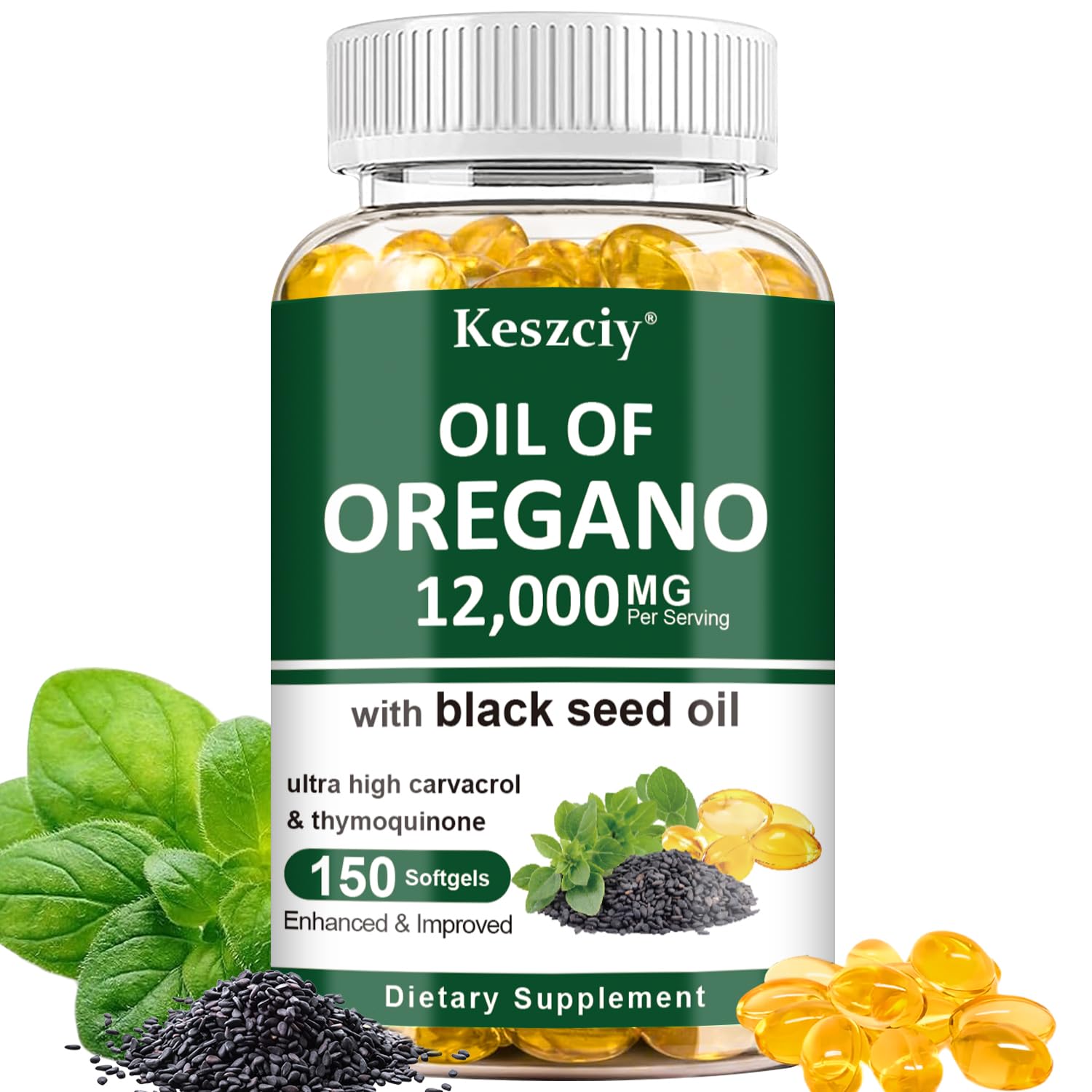 Keszciy 150 softgels bottle showing oregano oil with black seed oil front