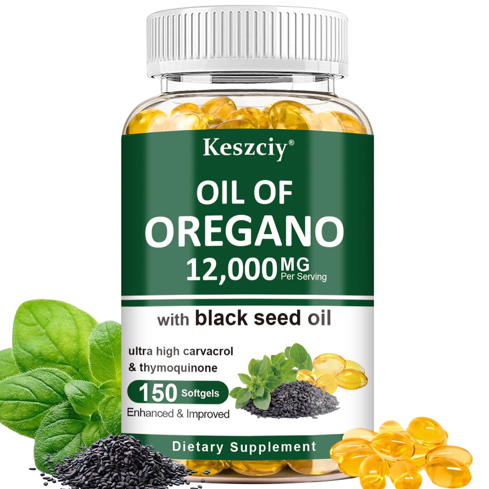 Keszciy 150 softgels bottle showing oregano oil with black seed oil front