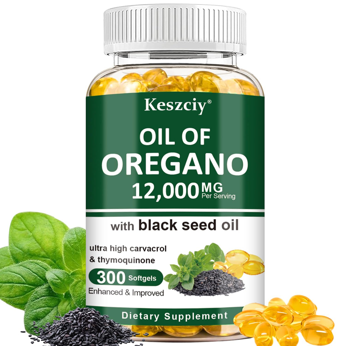 Keszciy 300 Softgels bottle showing Oil of Oregano and Black Seed Oil