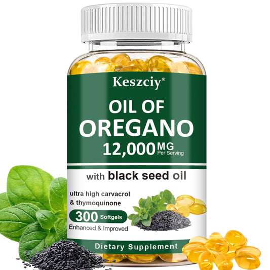 Keszciy 300 Softgels bottle showing Oil of Oregano and Black Seed Oil