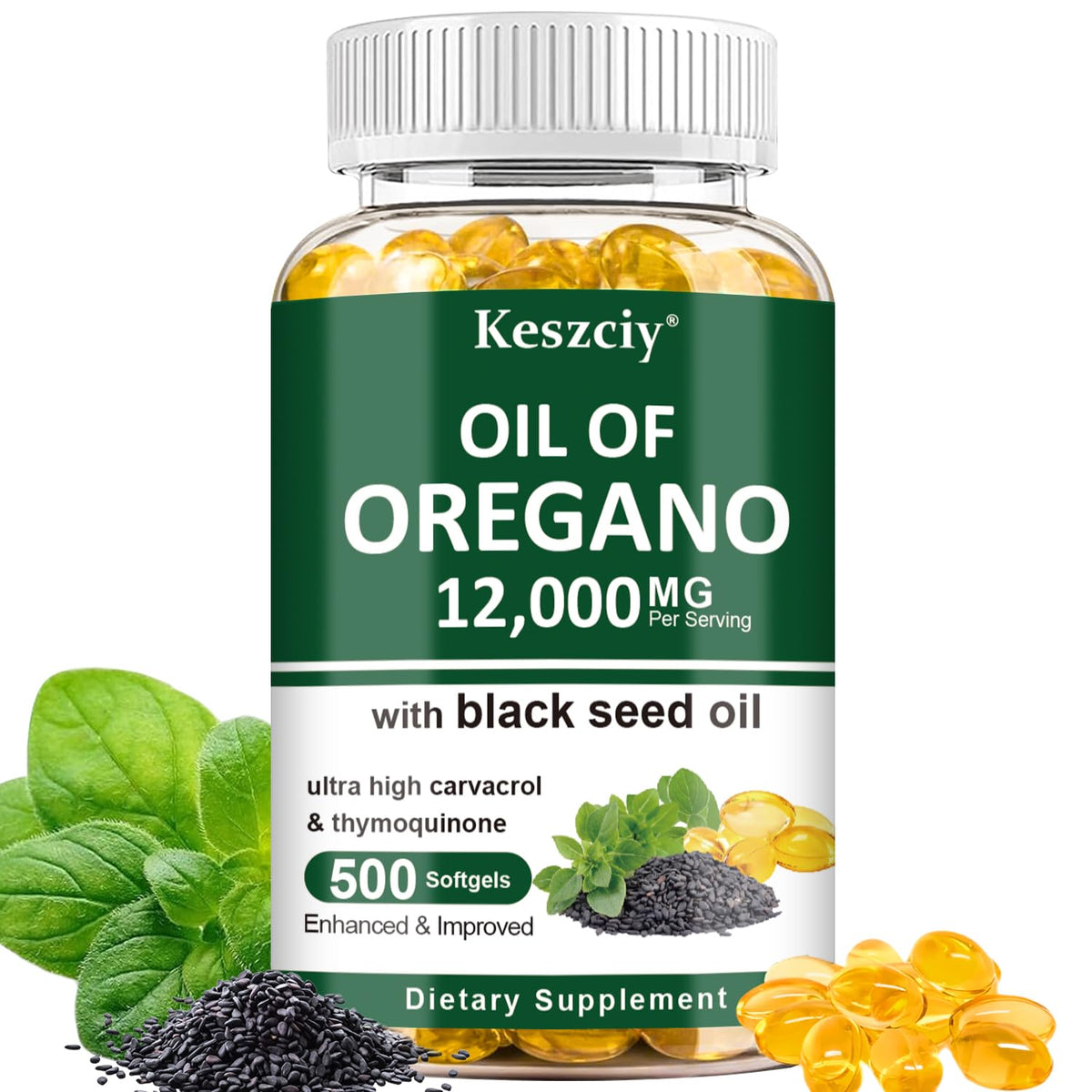 Keszciy Oil of Oregano Softgels bottle with 12,000 mg oregano oil per serving