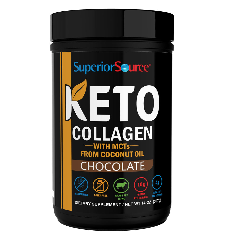 Front view of Superior Source Keto Collagen Chocolate 14 oz tub