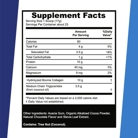 Close-up of label on Keto Collagen Chocolate 14 oz tub