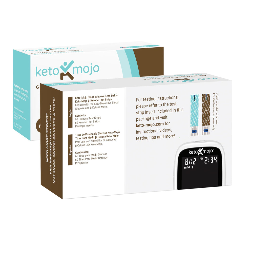 Keto-Mojo glucose strip close-up showing color and sample area