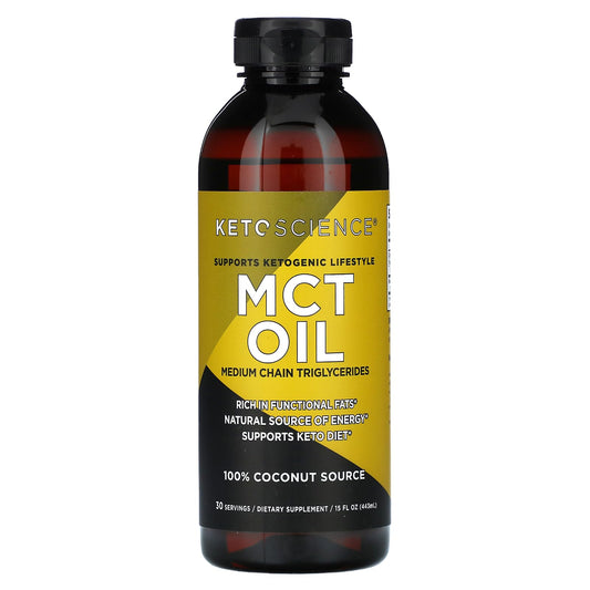 Keto Science MCT Oil bottle labeled 100% coconut, unflavored, 15 oz