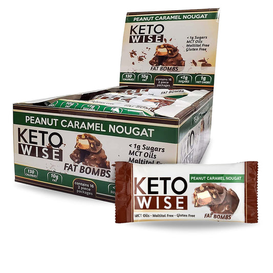 Keto Wise Fat Bombs box front featuring Peanut Caramel Nougat flavor