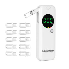 Ketone breath analyzer device with display and controls.