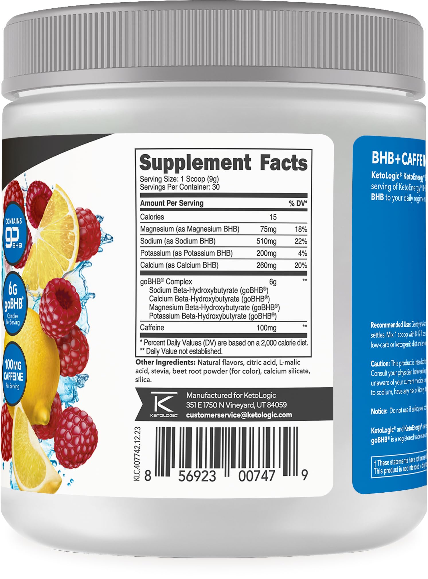 Close-up of 6G goBHB complex and 101 mg caffeine per serving on nutrition panel