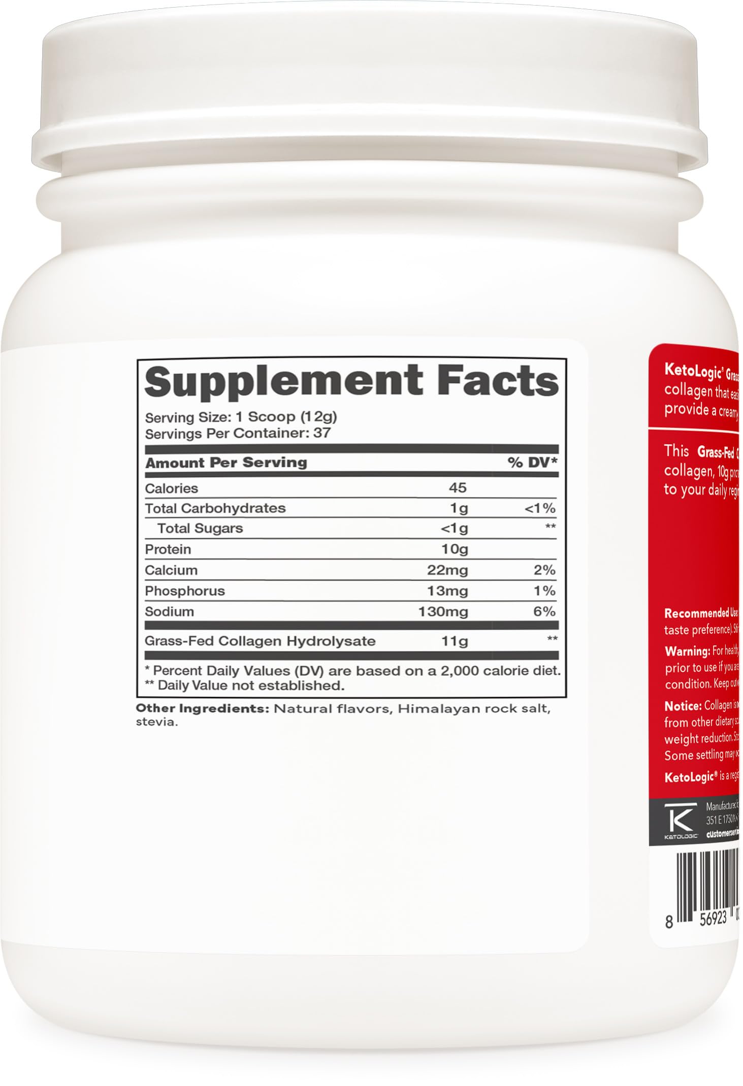 Nutrition label for Ketologic collagen powder Vanilla