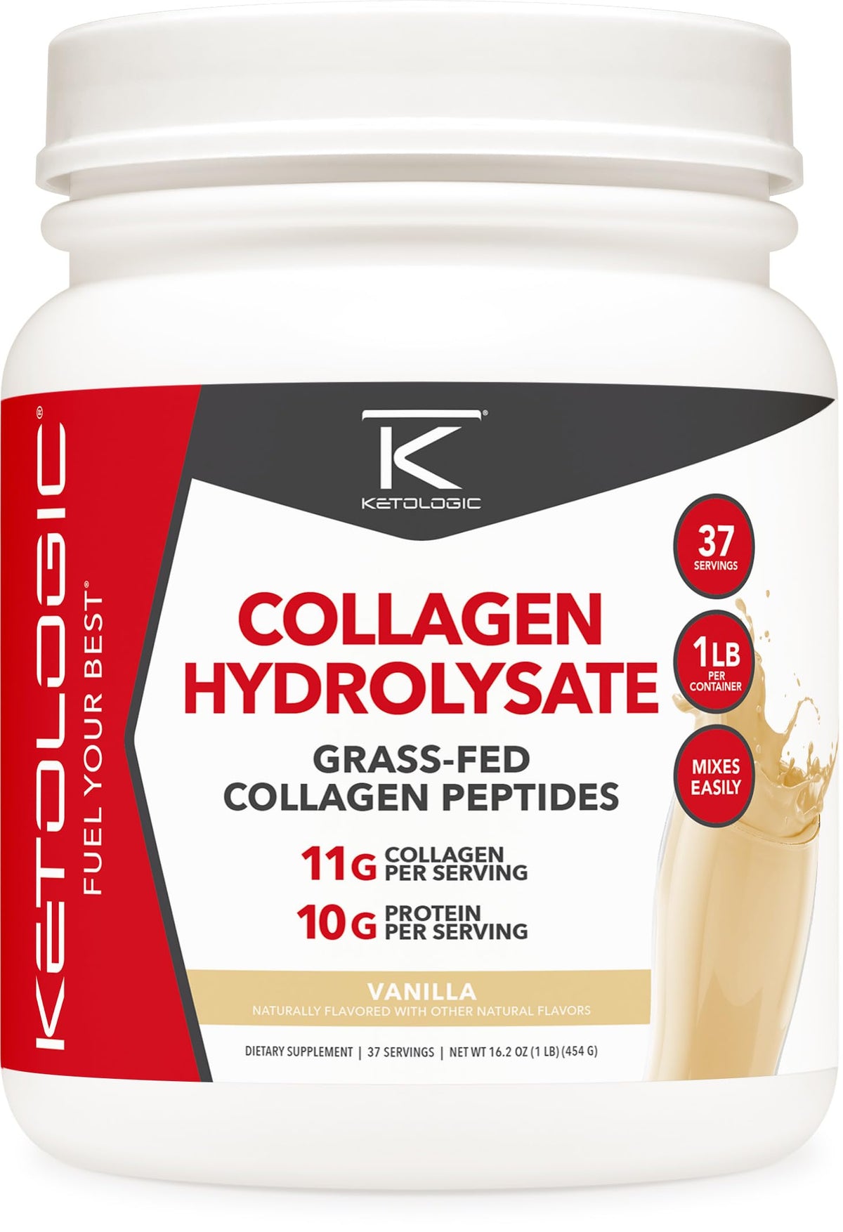 Ketologic Grass-Fed Collagen Hydrolysate Powder Vanilla 1 lb packaging