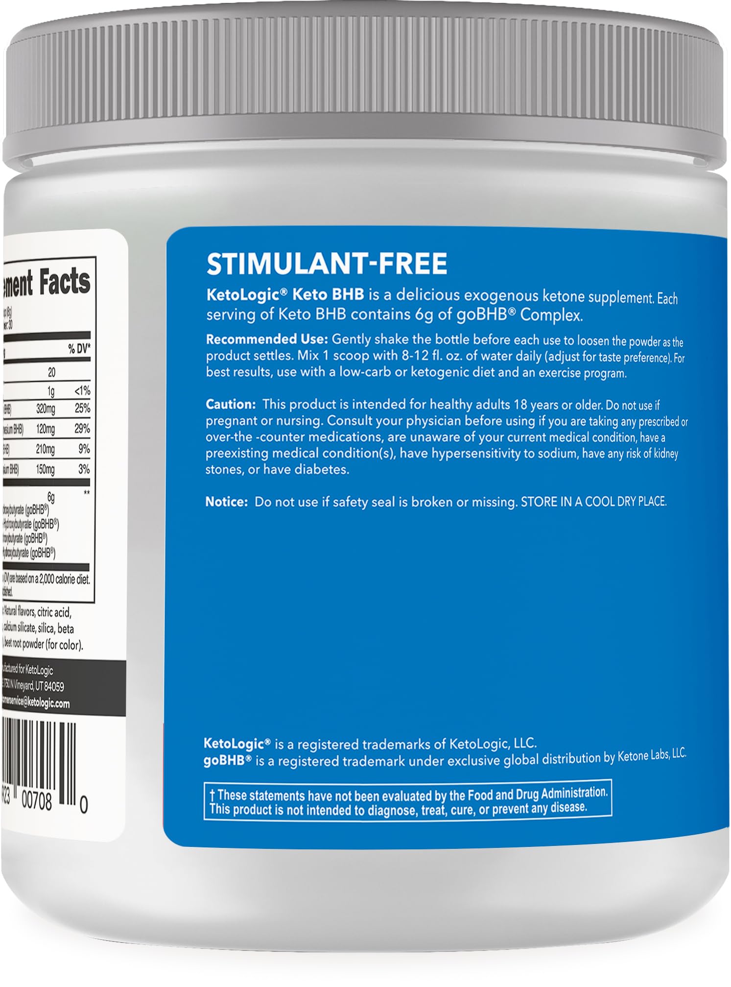 Front view of KetoLogic BHB 30 servings per bottle