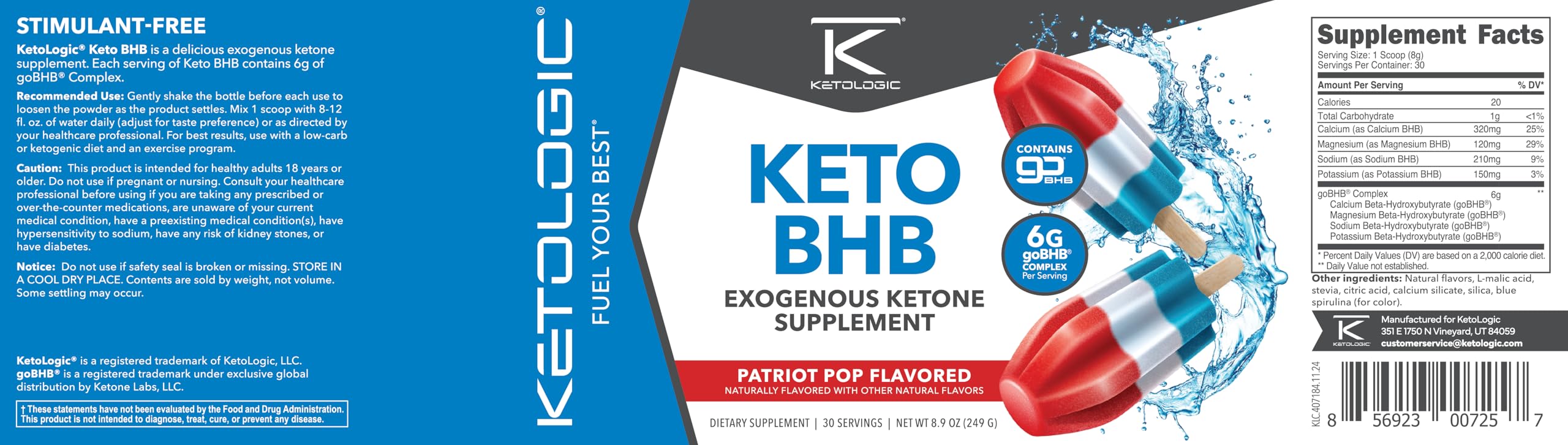 Product pack shot with Ketologic Keto BHB Patriot Pop bottle