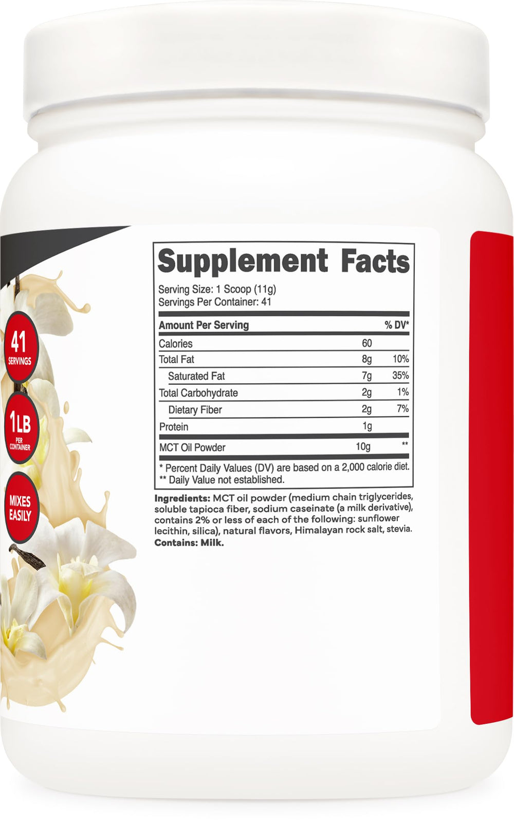 Nutrition panel for Ketologic MCT Oil Powder Hazelnut Cream