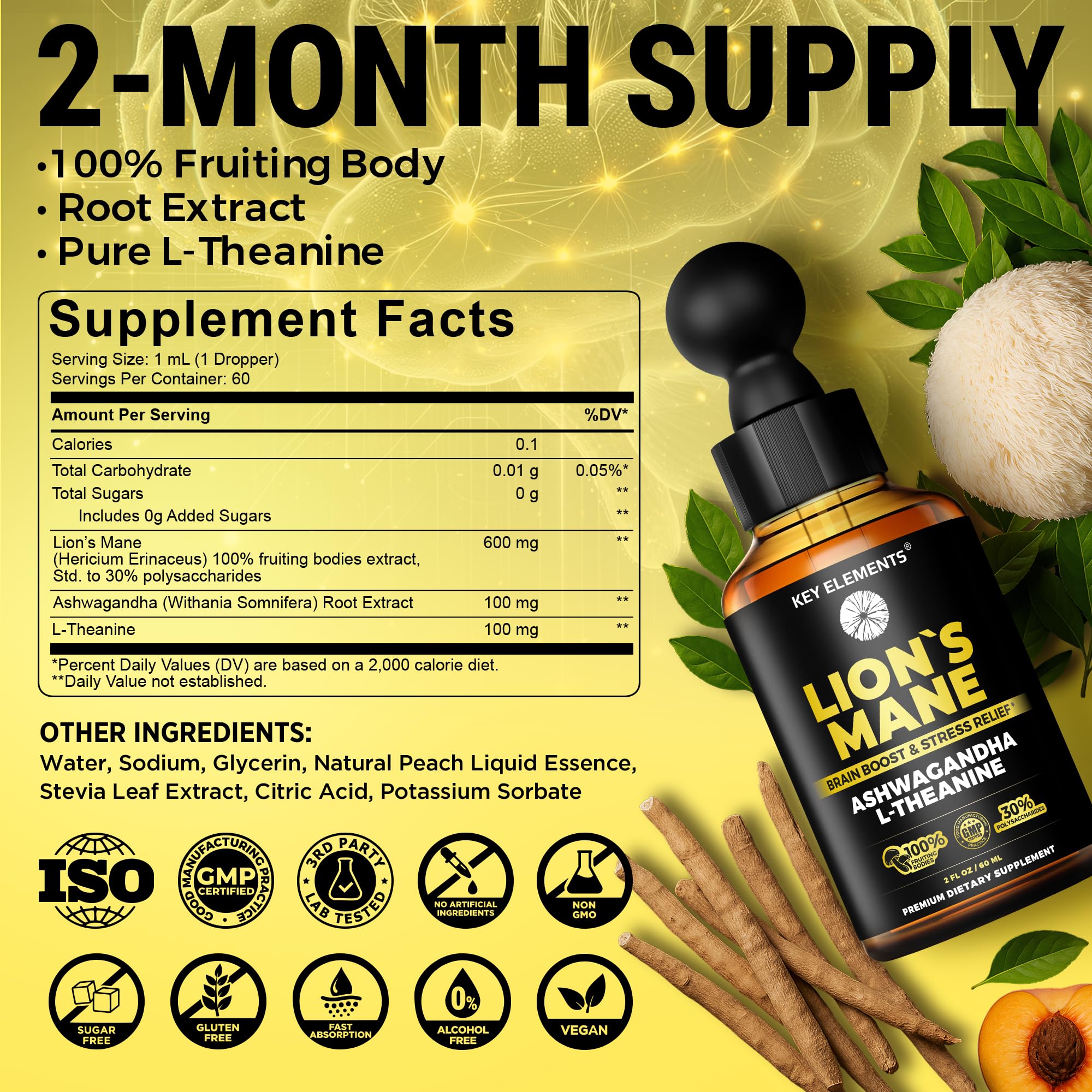 Key Elements Lions Mane Extract bottle side view