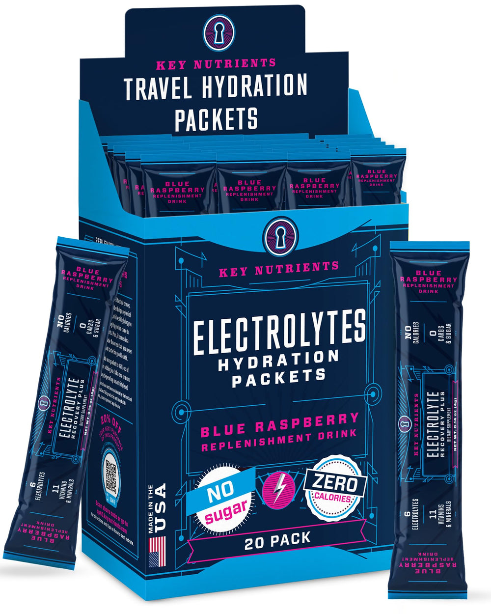 Front view of KEY NUTRIENTS electrolytes blue raspberry 20-pack packets