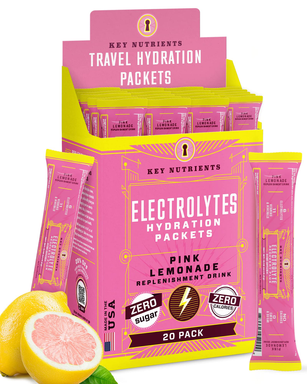 KEY NUTRIENTS Electrolytes Powder Packets Fresh Pink Lemonade 20 Pack box