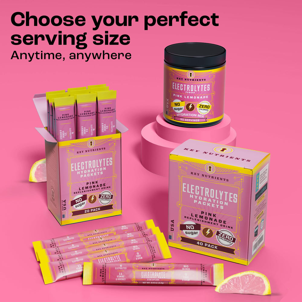 Keto-friendly electrolyte powder in pink lemonade flavor