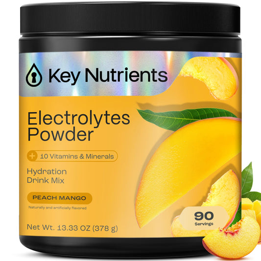Front view of KEY NUTRIENTS Tropical Peach Mango Electrolytes Powder tub