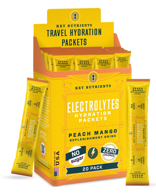 KEY NUTRIENTS Electrolytes Powder Packets Tropical Peach Mango 20 Pack box