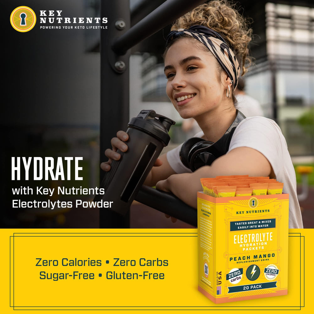 Tropical Peach Mango electrolyte powder packets and scoop