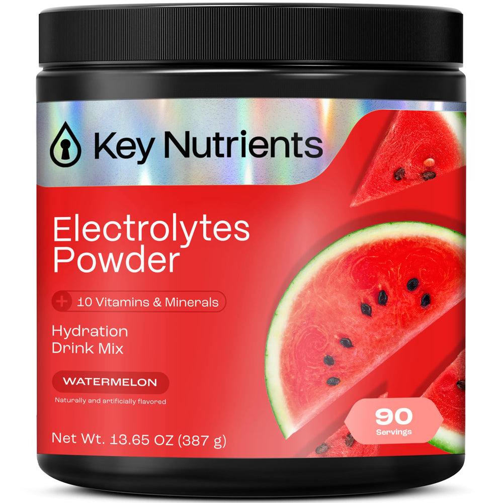 KEY NUTRIENTS multivitamin electrolytes watermelon powder packaging with scoop