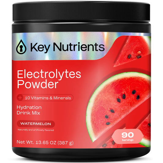 KEY NUTRIENTS multivitamin electrolytes watermelon powder packaging with scoop