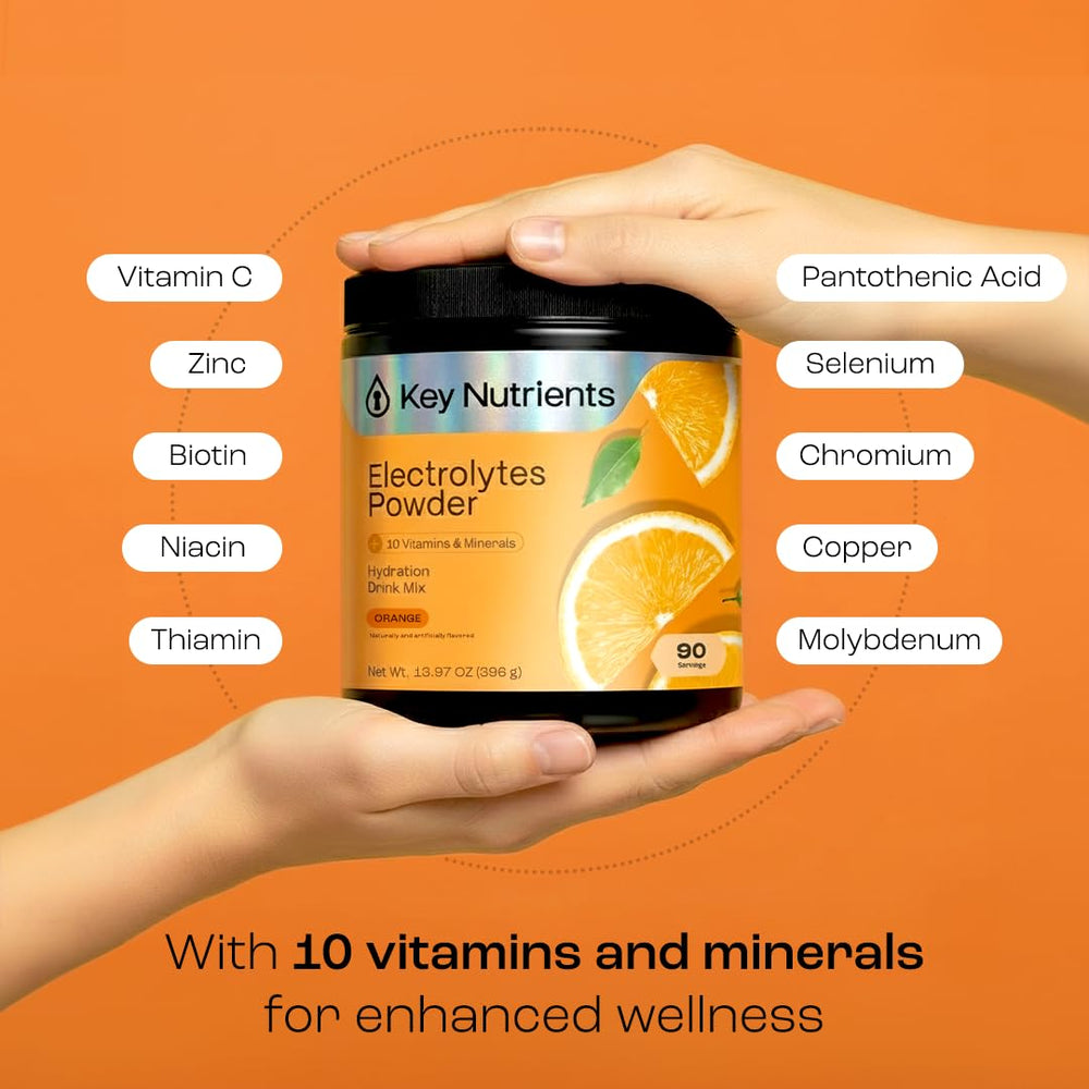 KEY NUTRIENTS Glass of Tangy Orange hydration showing vibrant color.