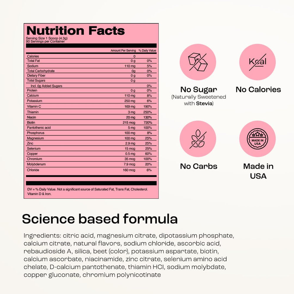 KEY NUTRIENTS ingredients panel highlights electrolytes and vitamins.