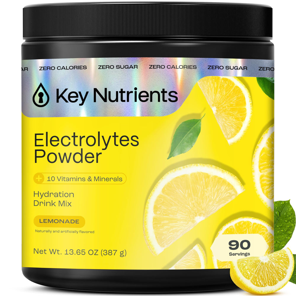KEY NUTRIENTS Lemonade powder bottle showing sugar-free hydration for workouts.