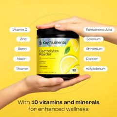 Packaging side view of KEY NUTRIENTS Lemonade powder with clear label.