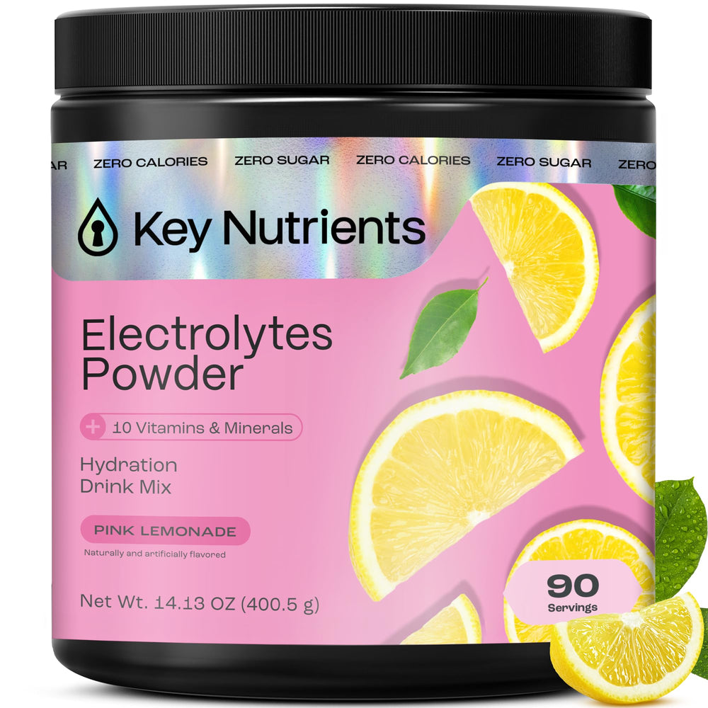 KEY NUTRIENTS pink lemonade bottle for refreshing hydration on the go.