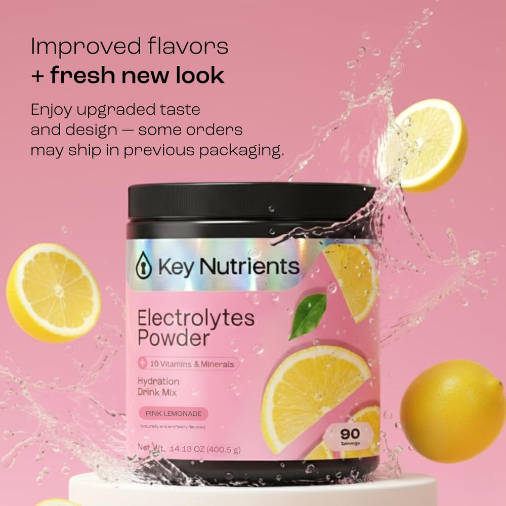 KEY NUTRIENTS pink lemonade powder with scoop showing quick, sugar-free hydration.