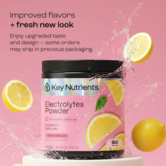 KEY NUTRIENTS pink lemonade powder with scoop showing quick, sugar-free hydration.