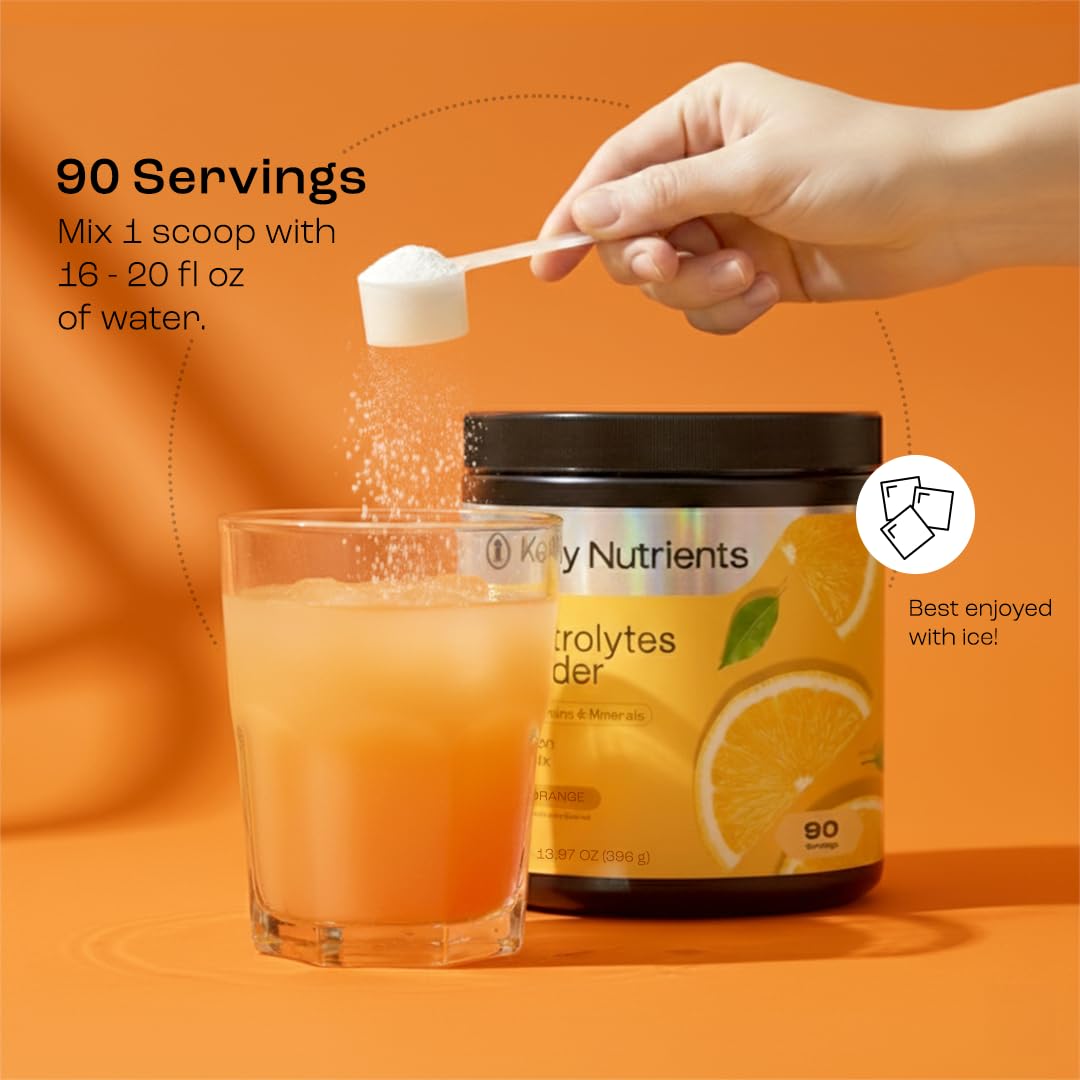 18 vitamins and minerals included in KEY NUTRIENTS Tangy Orange Electrolyte Powder