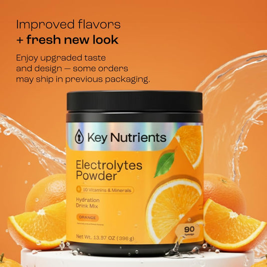 Back label of KEY NUTRIENTS Tangy Orange Electrolyte Powder showing ingredients and vitamins