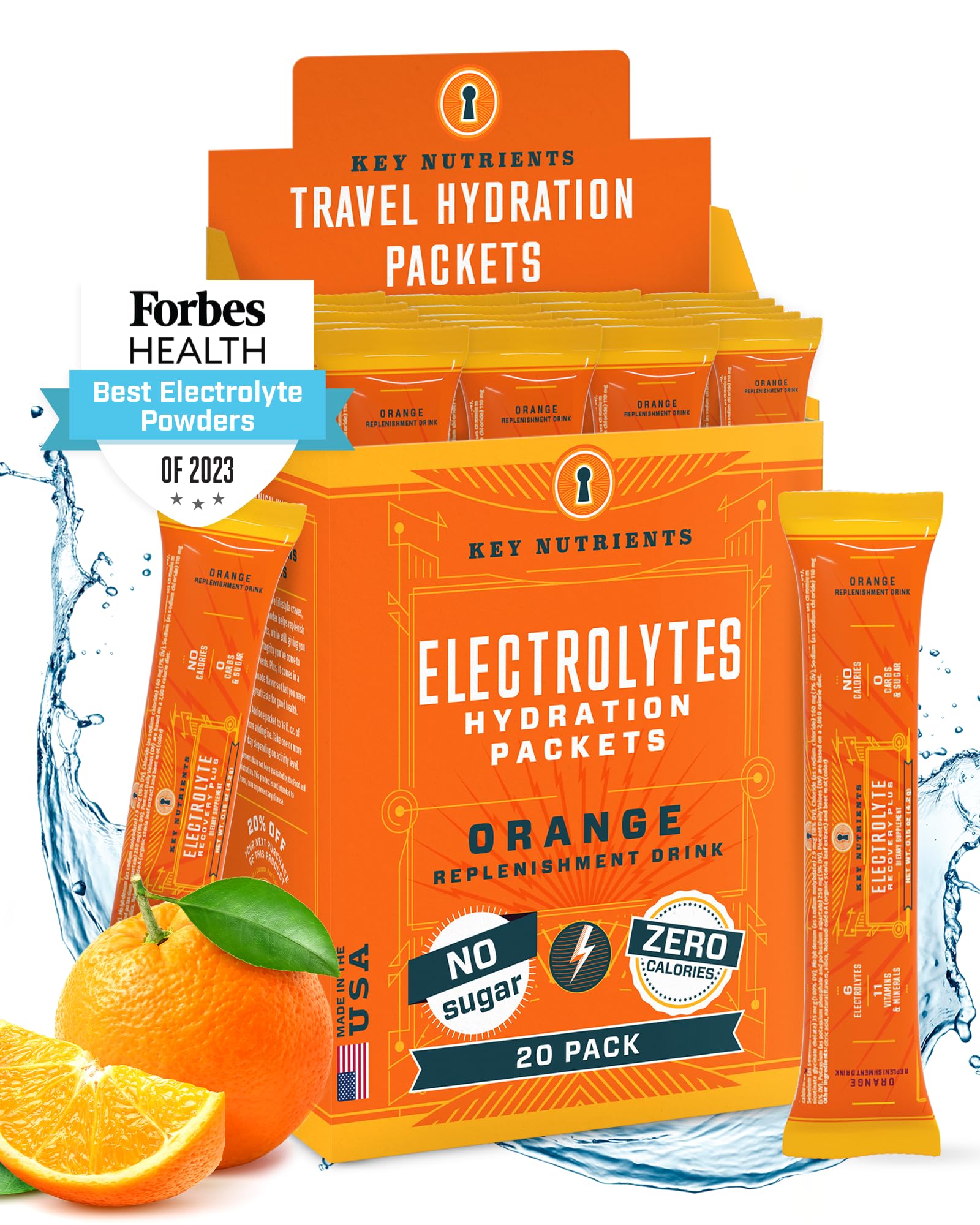 Front view of KEY NUTRIENTS Tangy Orange electrolyte powder packets