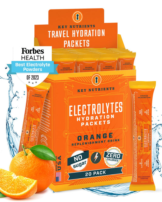 Front view of KEY NUTRIENTS Tangy Orange electrolyte powder packets