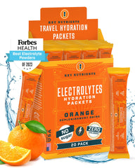 Front view of KEY NUTRIENTS Tangy Orange electrolyte powder packets