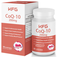 Bottle of KFG CoQ10 200mg softgels on white background
