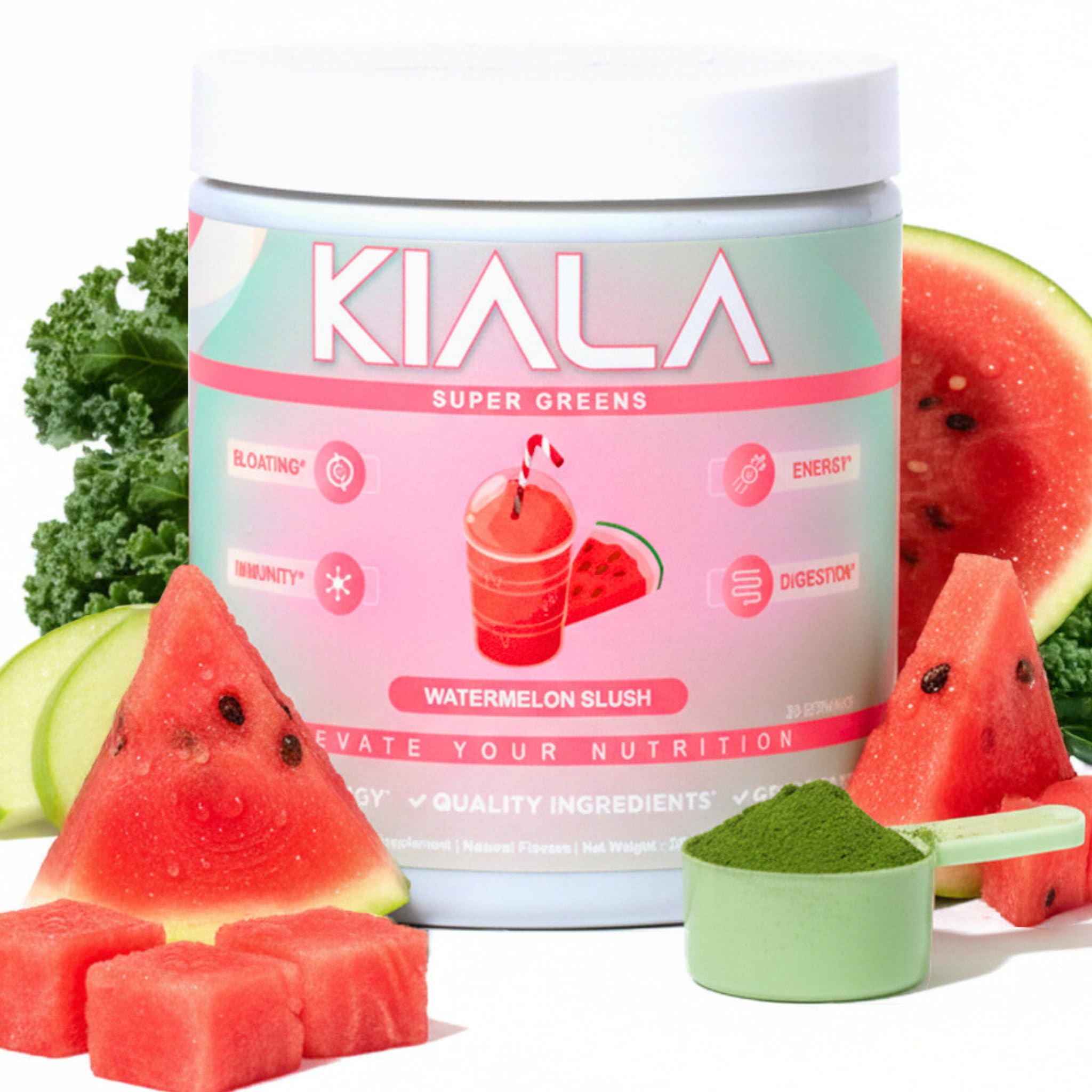 Kiala Nutrition Super Greens canister for daily greens boost.