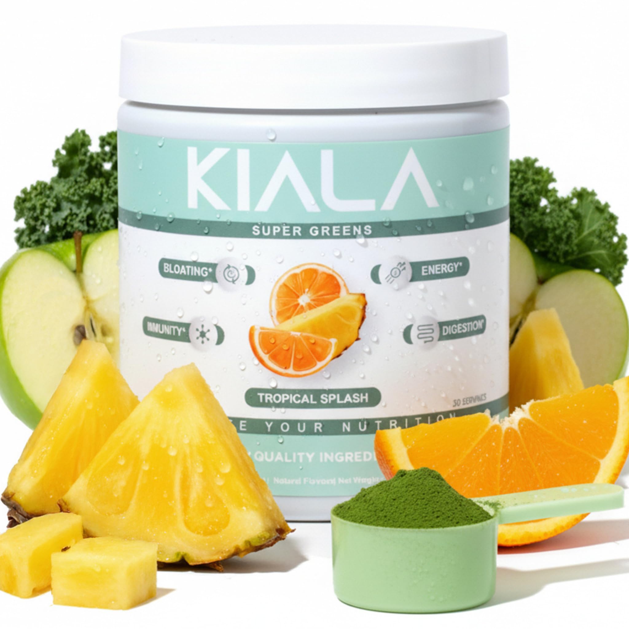 Kiala Nutrition Super Greens Tropical Splash canister ready for a refreshing daily shake.
