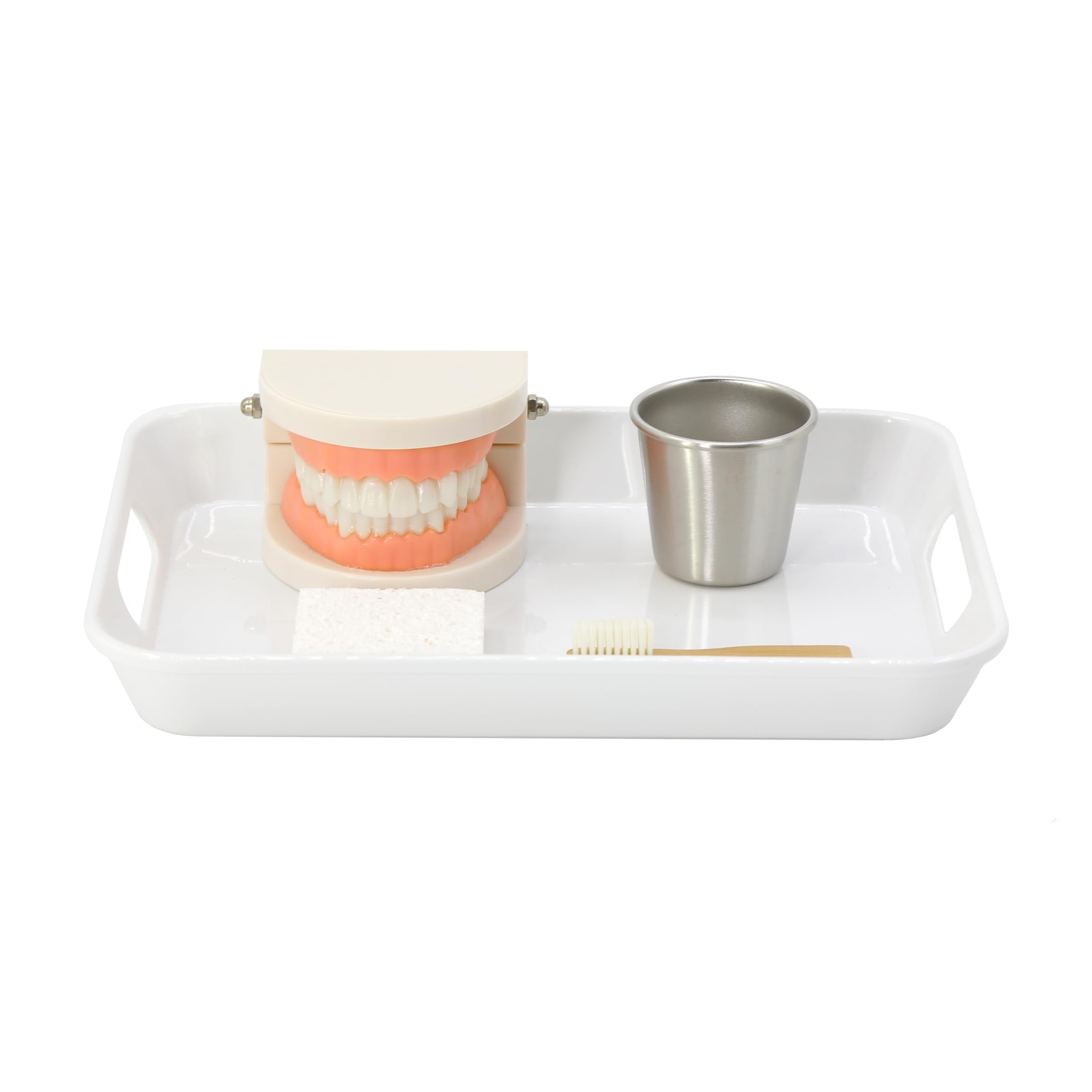 Melamine tray and stainless steel cup included in Kiddison Brushing Teeth Activity Set