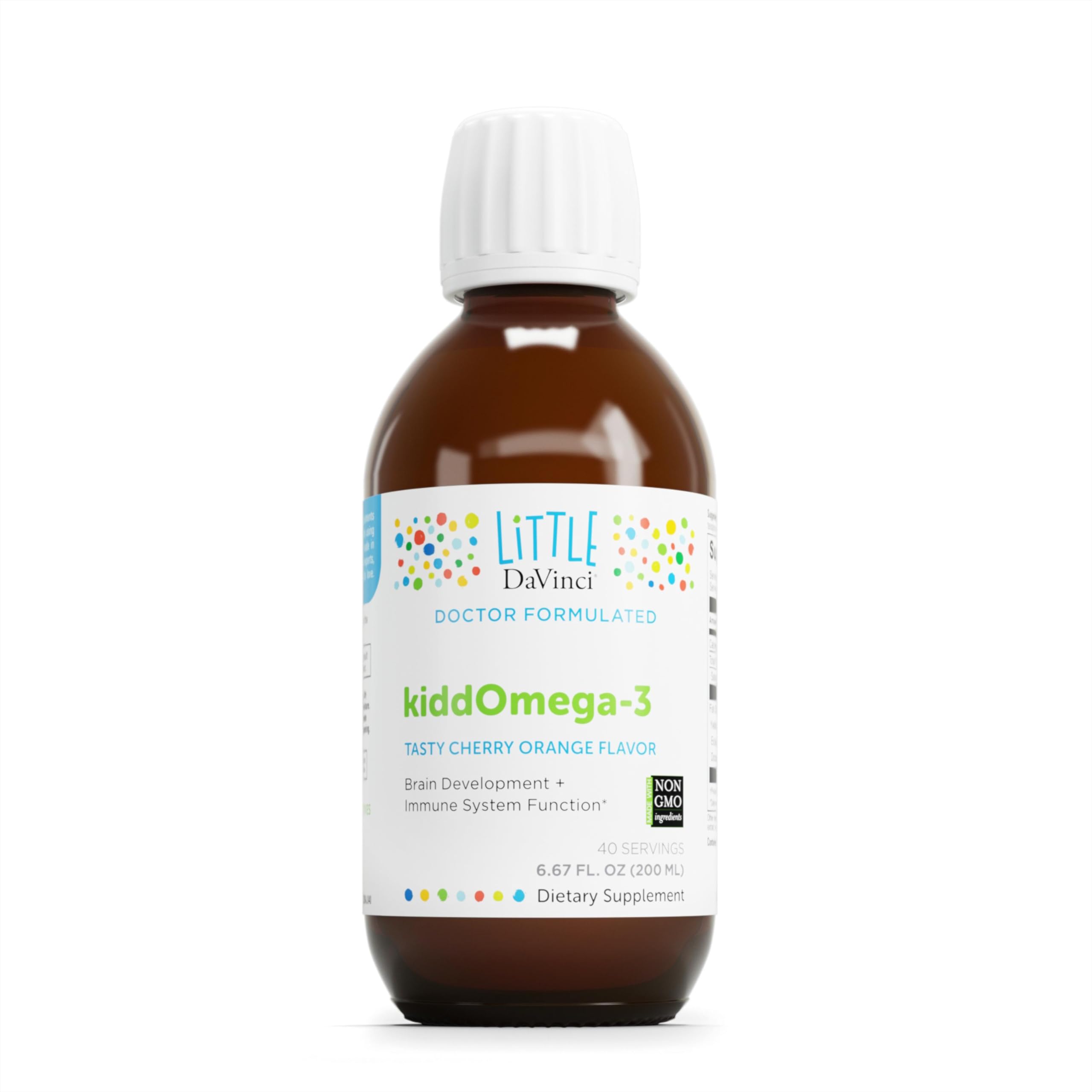 Front view of DAVINCI Labs kiddOmega-3 bottle, 200mL