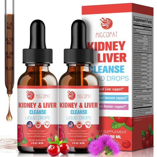 Front view of Migcopat Kidney and Liver Cleanse Detox & Repair Drops 2-pack (60ml each).