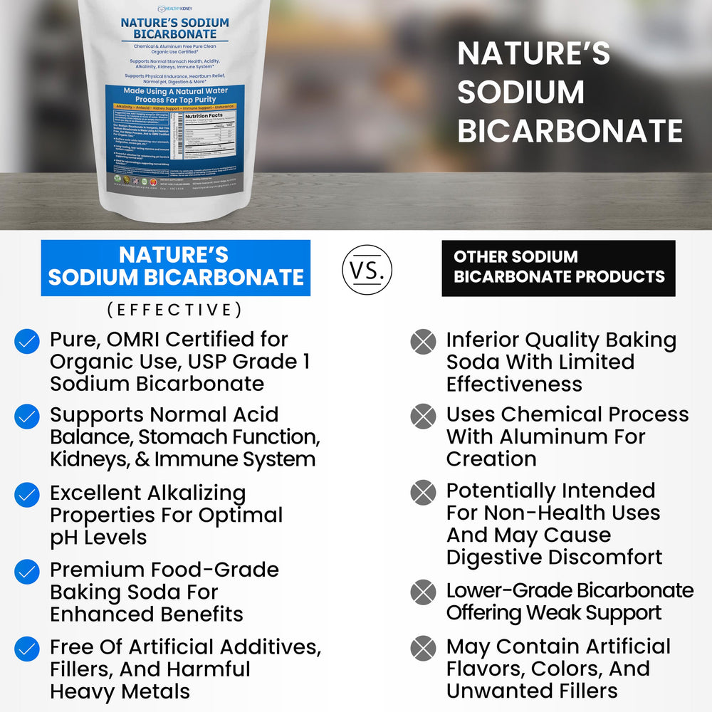 Kidney Restore aluminum-free baking soda label—OMRI-certified organic use.