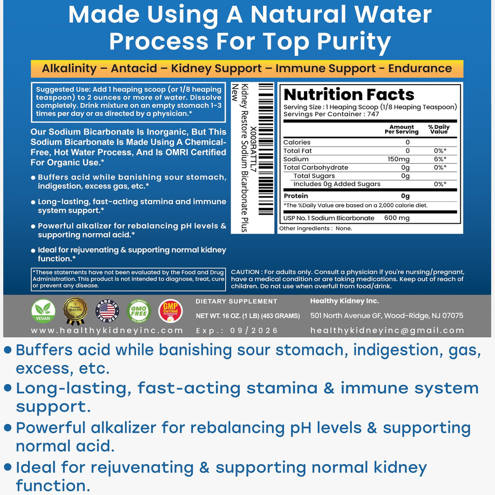 Kidney Restore aluminum-free baking soda label features OMRI certification logo.