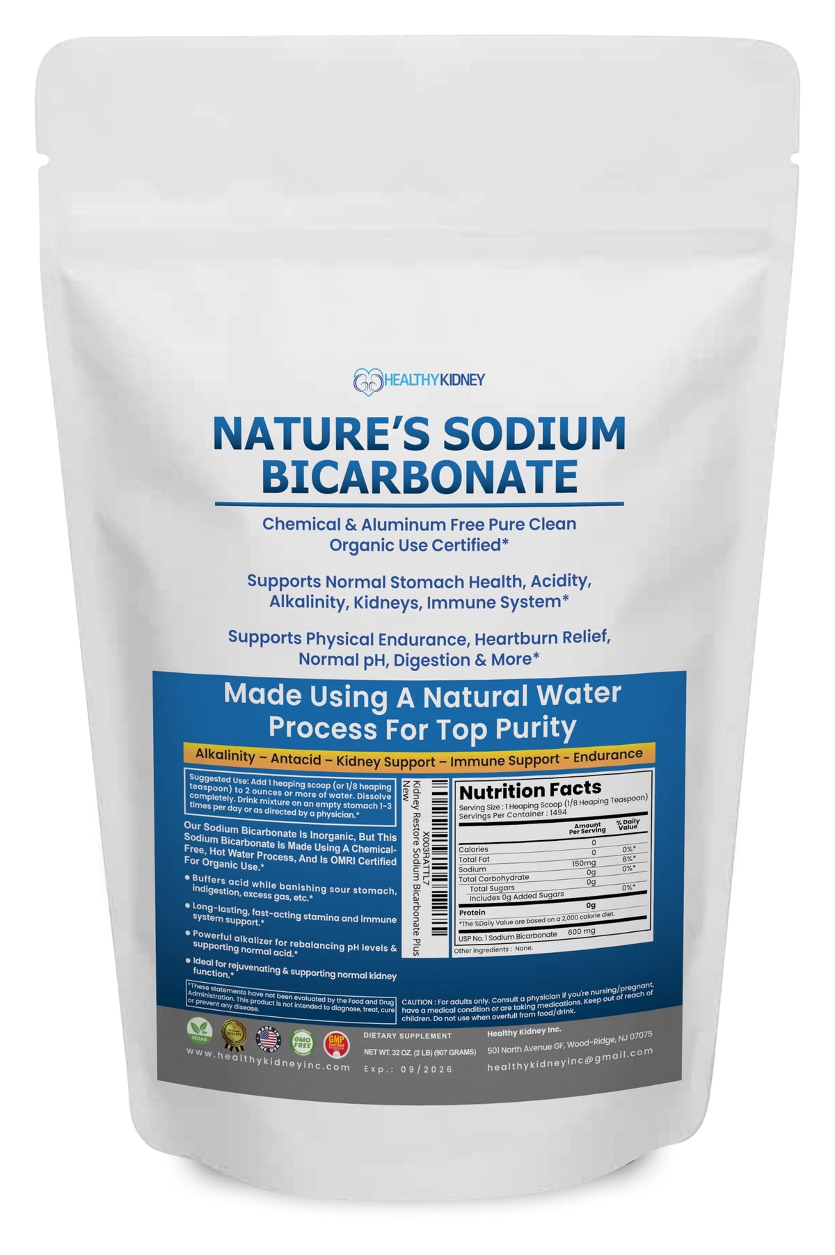 Kidney Restore baking soda aluminum-free 2lb package for everyday baking and wellness.